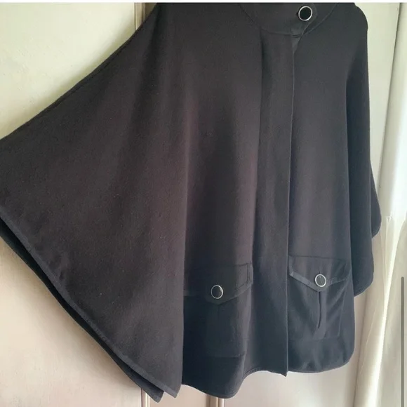 Anne Klein High Neck Pocketed Cape Black Sweater Shrug Poncho Mock Neck - Picture 5 of 14